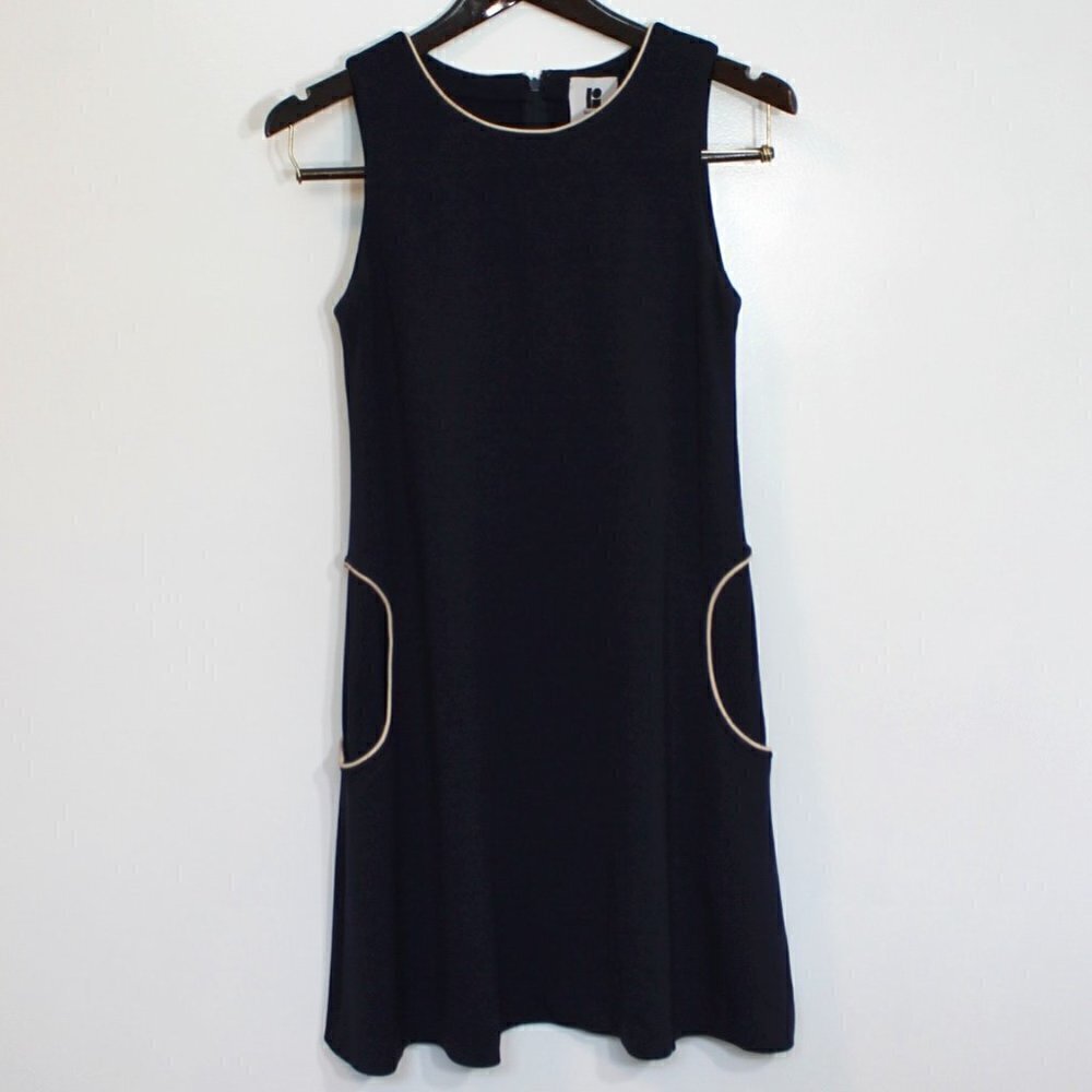 Lisa Perry Navy and Cream Shortsleeve Jumper Dress with Circle Pockets (Size 2)